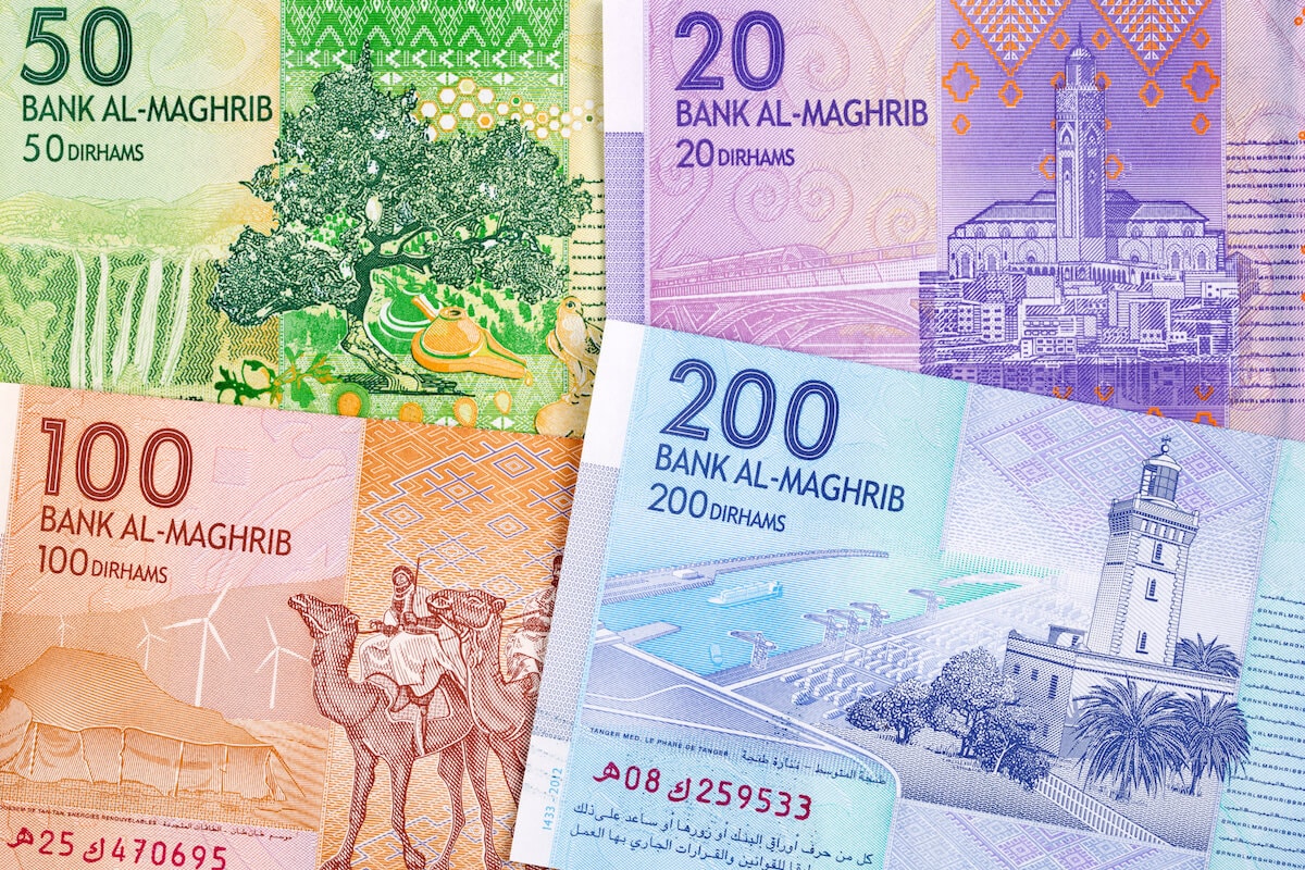 A collection of Moroccan Dirham banknotes, the local currency used for travel expenses