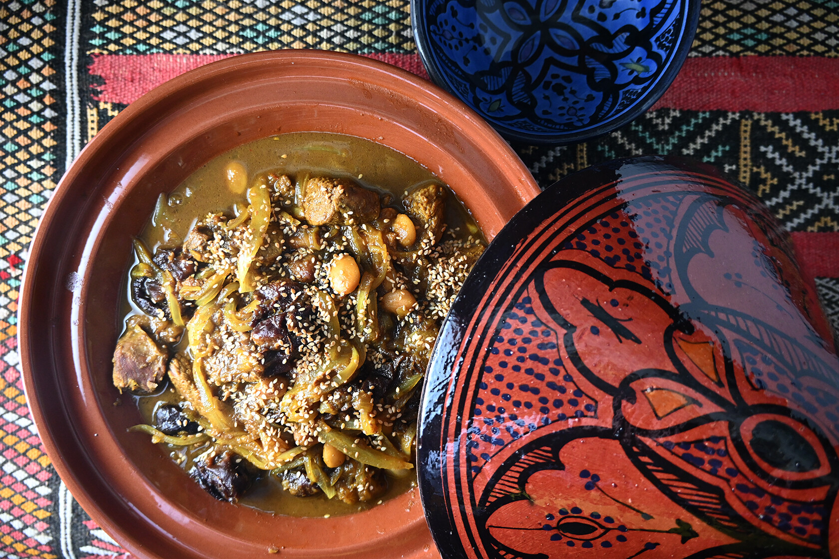 Traditional Moroccan lamb tagine with prunes and almonds